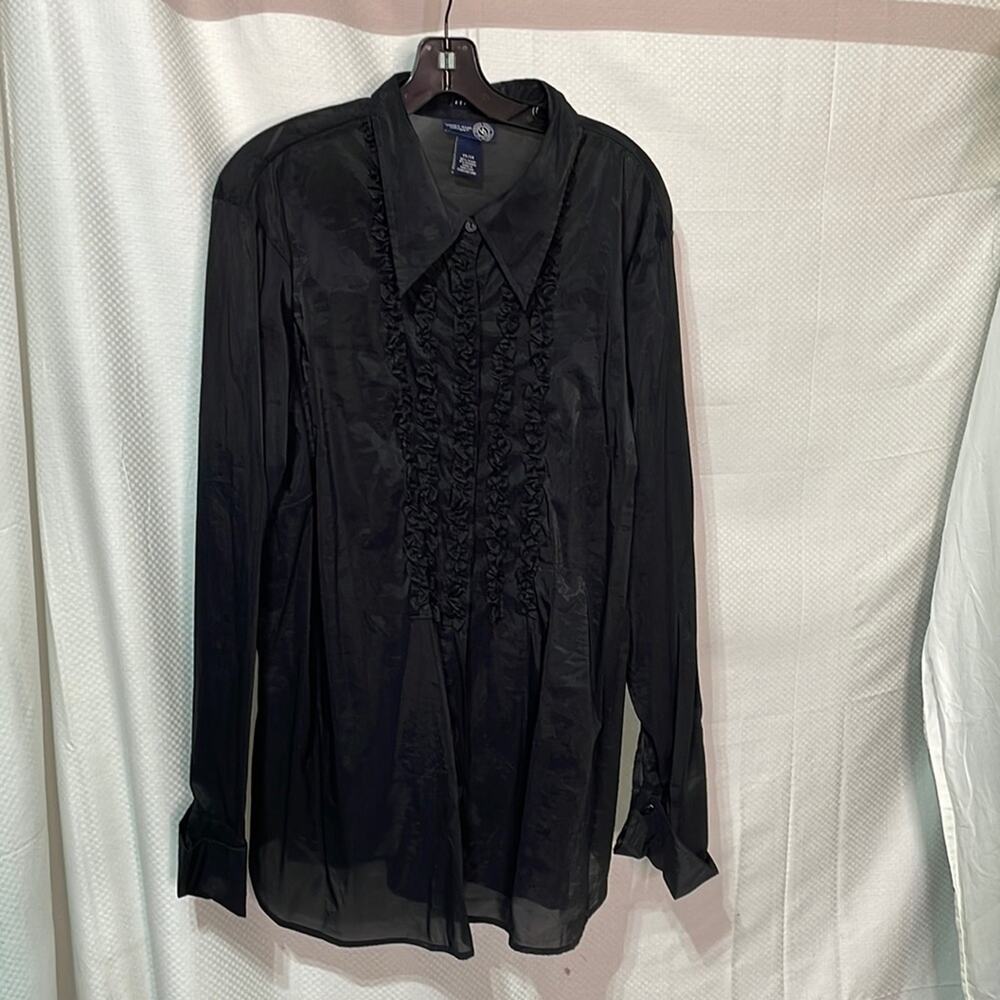 Venezia Jeans 22/24 black nylon spandex ruffled front long sleeve blouse euc